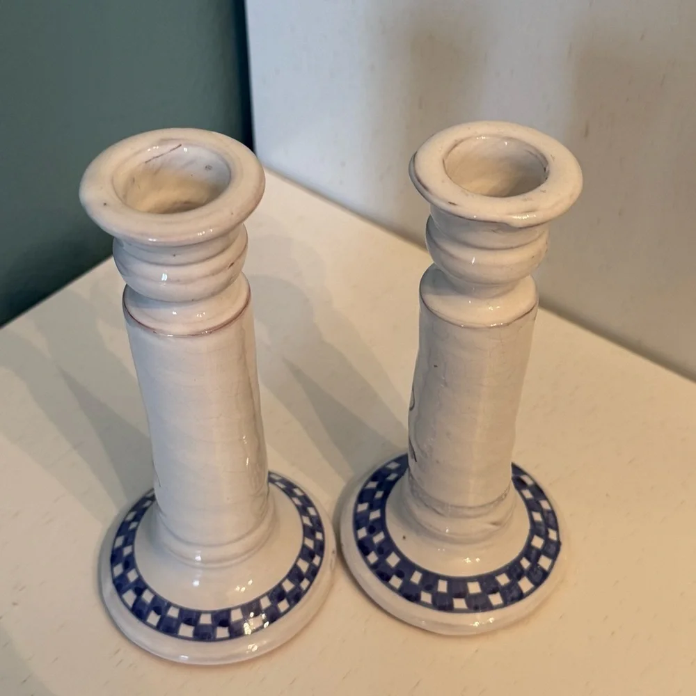 Vintage Blue & White Handpainted Pottery Candlesticks (Set of 2) Cat Checkers